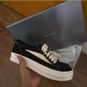 Rick Owens Black and Cream Lace-Up Sneakers